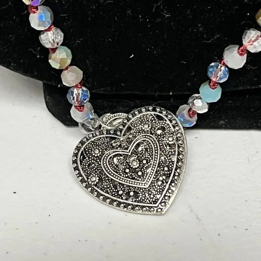 Silver Heart Pendant Necklace with Multicolor Beads